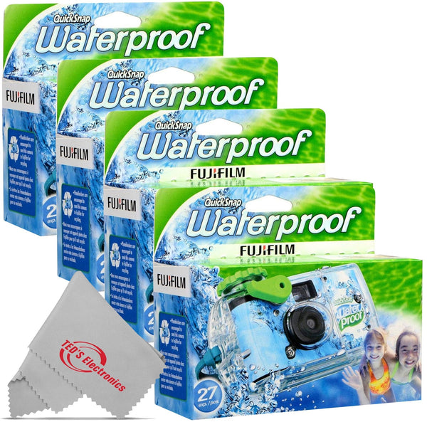 4x Fujifilm QuickSnap 800 Waterproof One-Time Use Disposable 35mm Camera - 27 Exposures with Microfiber Cleaning Cloth