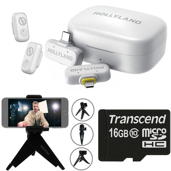 Hollyland LARK A1 Combo 2-Person Wireless Microphone System with USB-C and Lightning Connectors for Mobile Devices (Ivory White, 2.4 GHz) Video Bundle