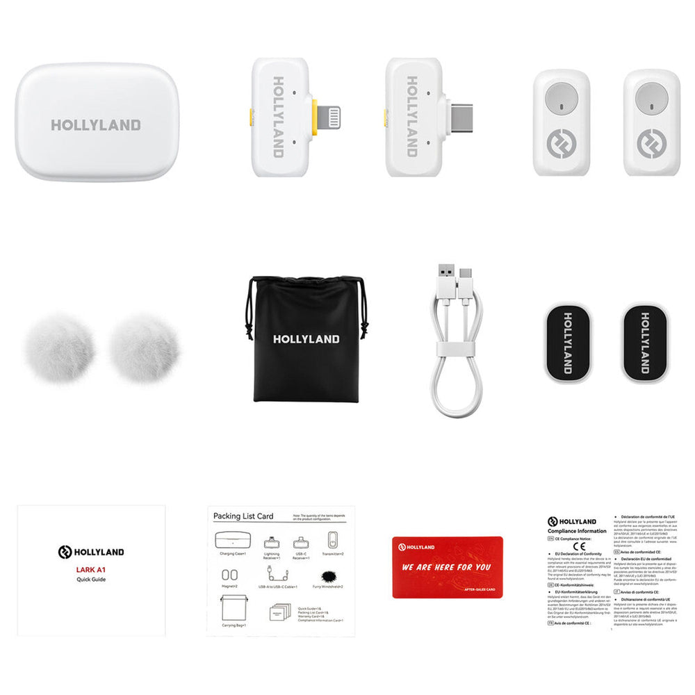Hollyland LARK A1 Combo 2-Person Wireless Microphone System with USB-C and Lightning Connectors for Mobile Devices (Ivory White, 2.4 GHz) Video Bundle